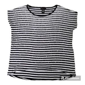 DESIGN history Black & White Stripe Silver Bling Top Cap Sleeve Round Neck L